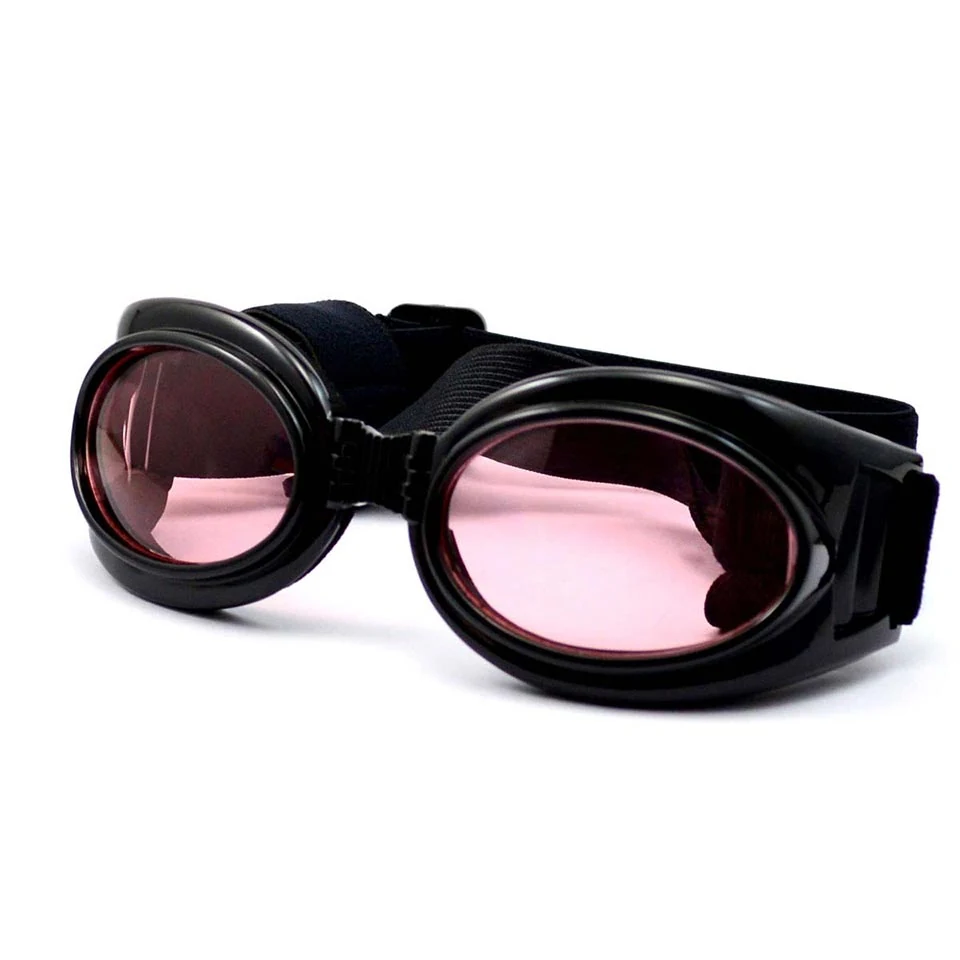 Side view of PG-BP002 pet goggles showing adjustable head and chin straps