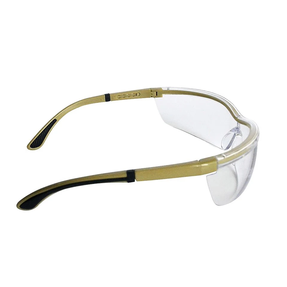 Side view of SG-JN042 safety glasses showing four adjustable temple positions and soft-textured temples