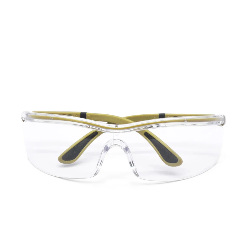 SG-JN042 safety glasses worn on a person's face, demonstrating fit and lateral protection