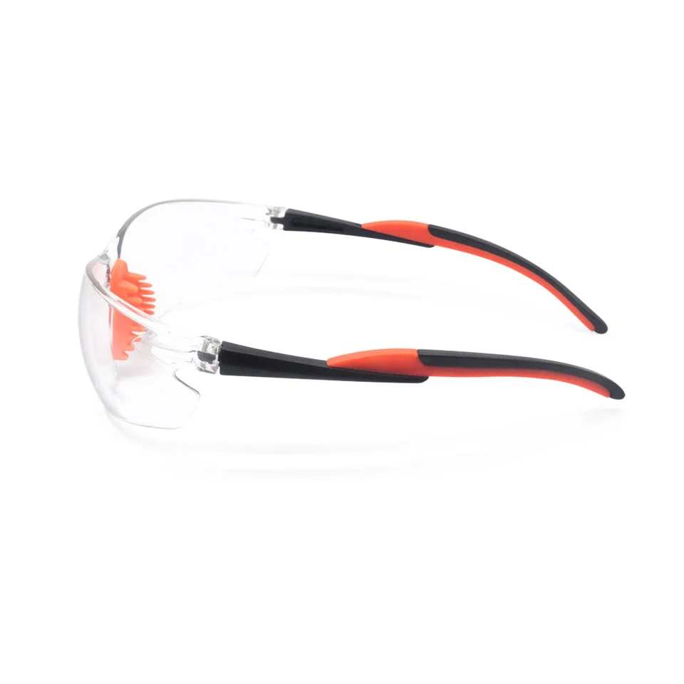 Side view of SG-JN145B safety glasses showing soft nose bridge and rubber tip arms