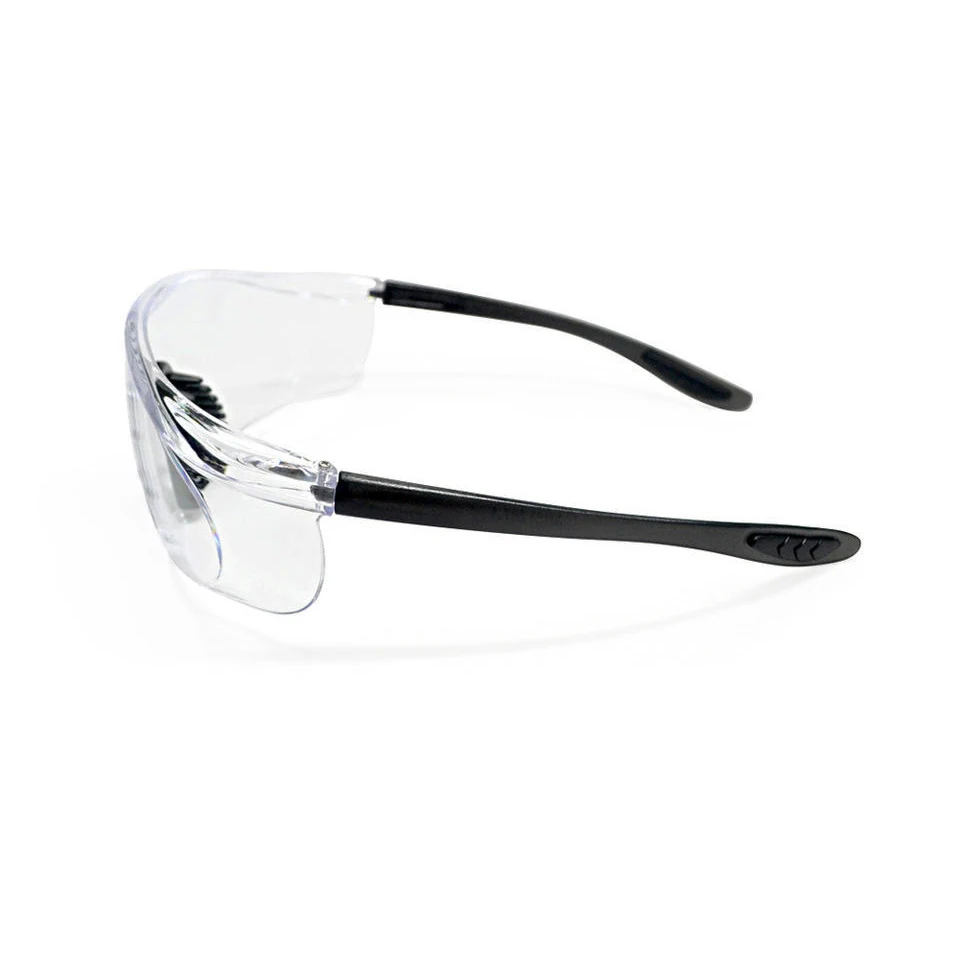 Side view of SG-JN146 safety glasses showing rubber tip arms and curved frame