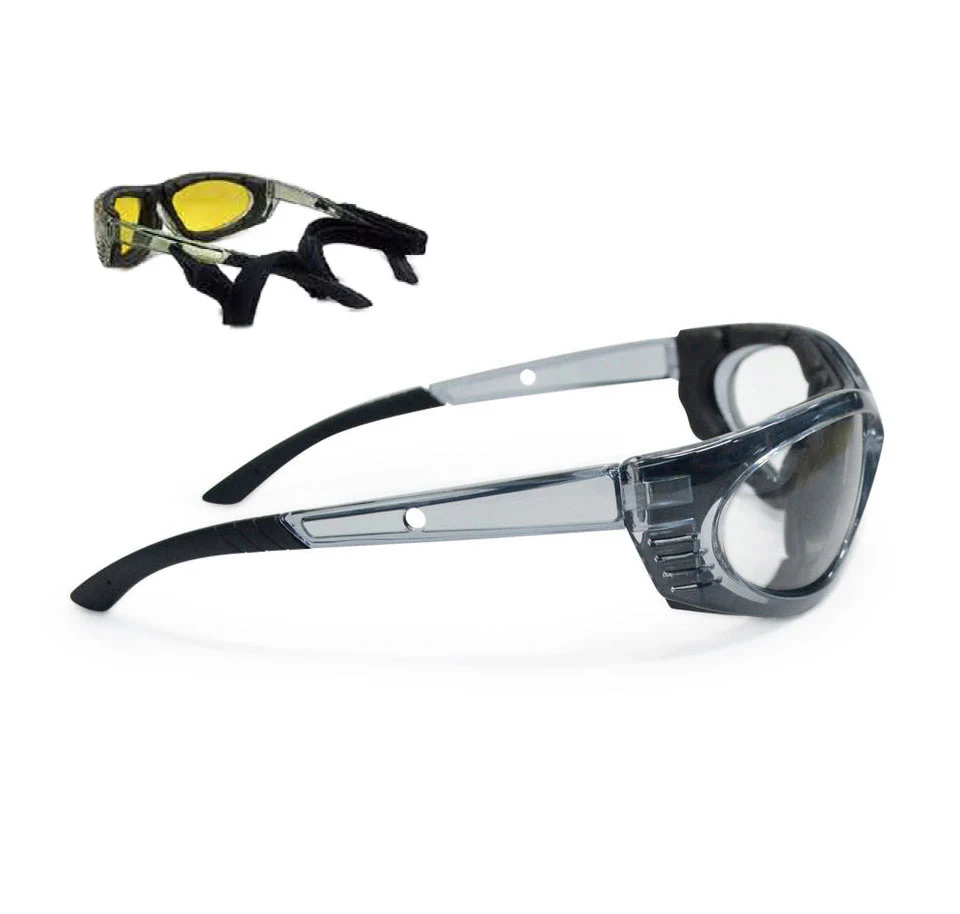 Side view of SG-JN625 glasses showing EVA foam gasket and adjustable headband