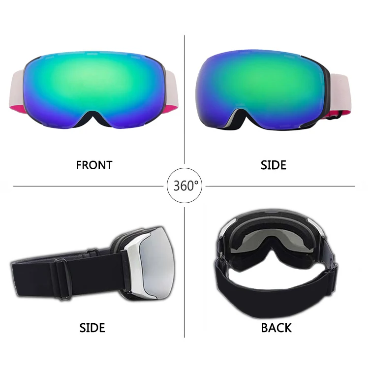 Close-up of SK-J009M goggle showing magnetic lens alignment and flexible TPU frame