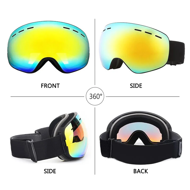 SK-J037 goggle worn under a ski helmet, demonstrating helmet compatibility and secure fit