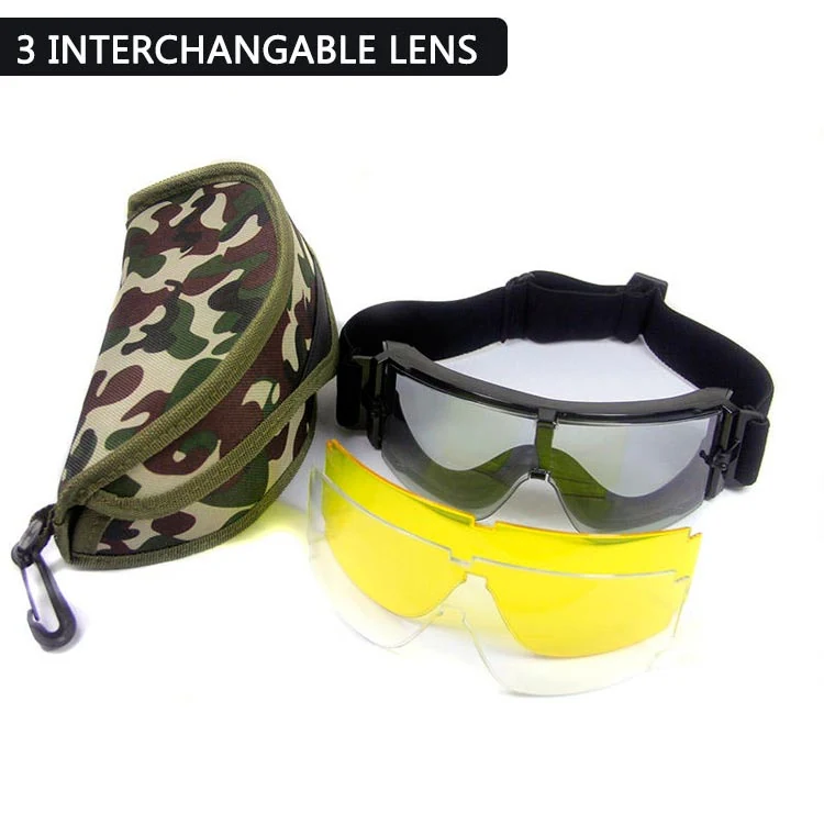 TA-J002 goggle in different lens colours — clear, smoke, and orange