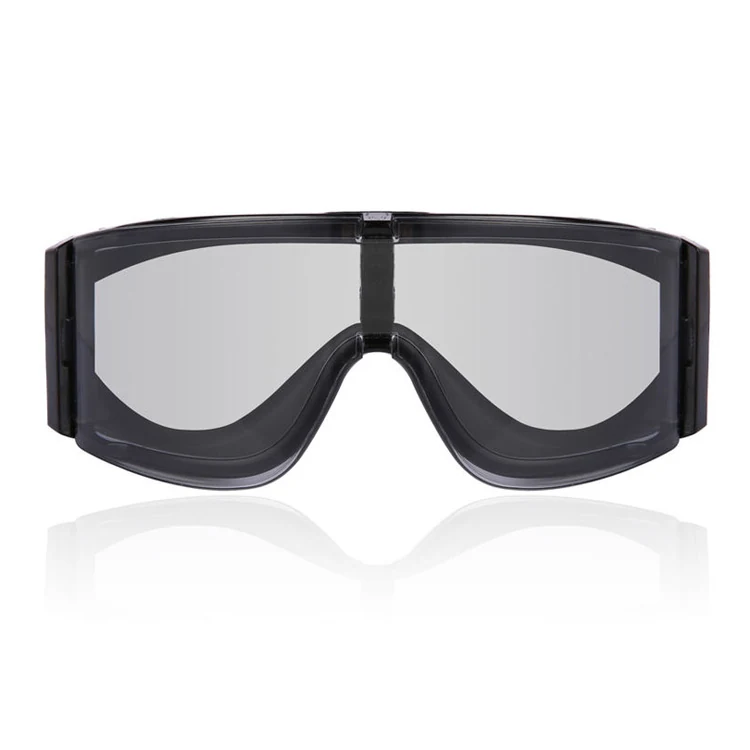 Side profile of the TA-J002 goggle showing the ventilated frame and adjustable elastic strap