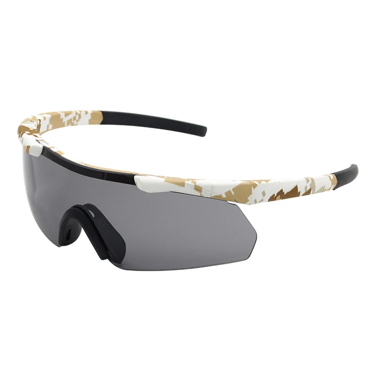 TA-J035 tactical shooting glasses shown with clear, smoke, and orange interchangeable lenses