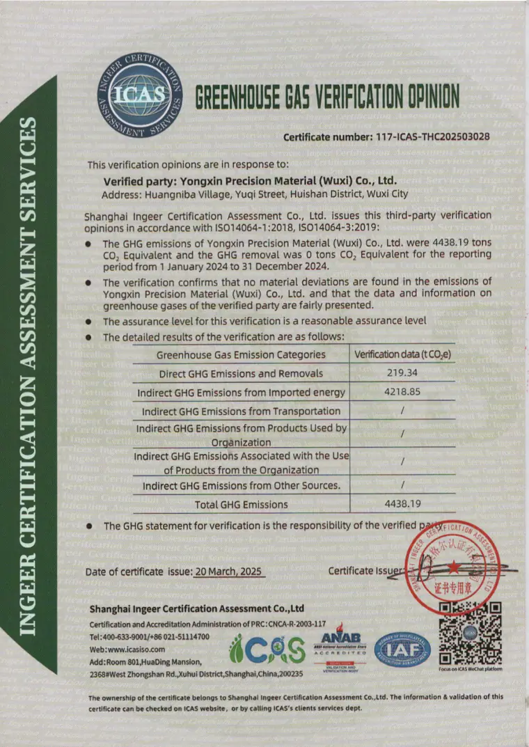 Opinión de verificación de gases de efecto invernadero emitida a Yongxin Precision Material Wuxi por Shanghai Ingeer Certification Assessment